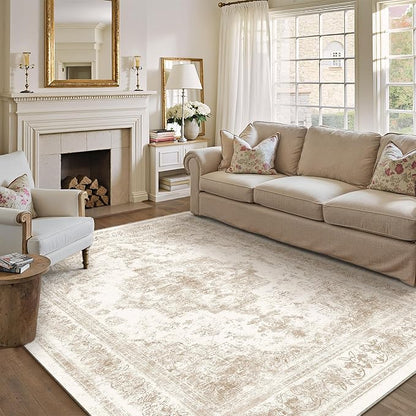 Area Rug 10x14 Cream Washable Living Room Beige Carpet Non Slip Vintage Medallion Indoor Bedroom Beige Carpet Low Pile Soft Retro Distressed Large Rug Home Office Dining Room Playroom