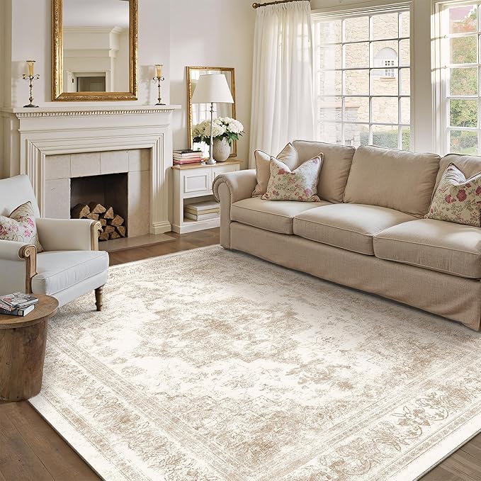 Area Rug 8x10 Cream Washable Living Room Beige Carpet Non Slip Vintage Medallion Indoor Bedroom Beige Carpet Low Pile Soft Retro Distressed Large Rug Home Office Dining Room Playroom