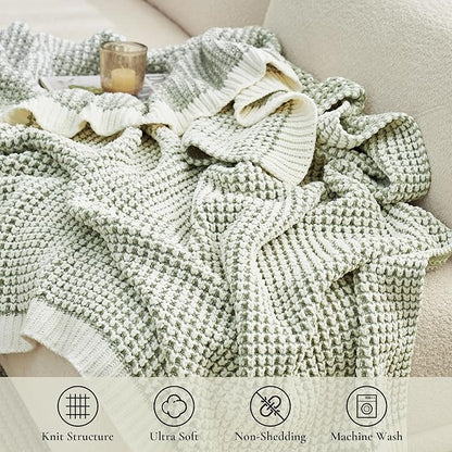 Amélie Home Waffle Chenille Throw Blanket for Couch, Pineapple Stitch Knit Soft Cozy Knit Blanket Decorative Throw for Sofa, Chair, 60 * 80", Sage Green&Ivory