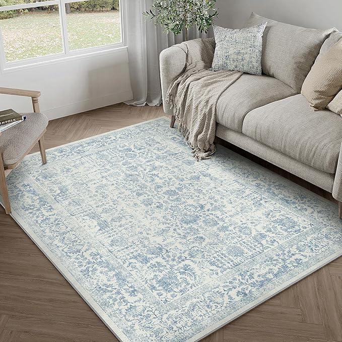 Blue Area Rug 3x4 Office Entryway Rug Machine Washable Kitchen Vintage Distressed Non Slip Carpet Indoor Retro Floral Accent Throw Door Mat for Bathroom Bedroom Dining Living Room