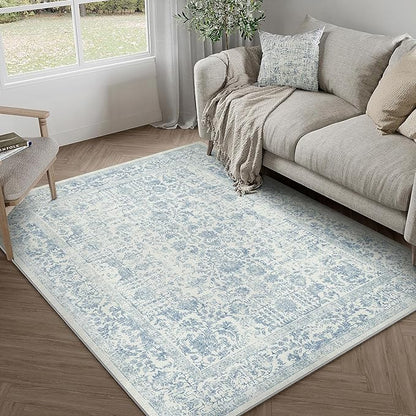 Blue Area Rug 3x4 Office Entryway Rug Machine Washable Kitchen Vintage Distressed Non Slip Carpet Indoor Retro Floral Accent Throw Door Mat for Bathroom Bedroom Dining Living Room