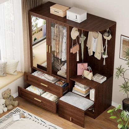 PAKASEPT 2 Doors Armoire Wardrobe Closet with Mirror,71'' Tall Freestanding Wooden Wardrobe Closet Farmhouse Storage Cabinet for Bedroom with Hanging Rod,Clothes Hook,Drawers,Hidden Bench,Retro Brown