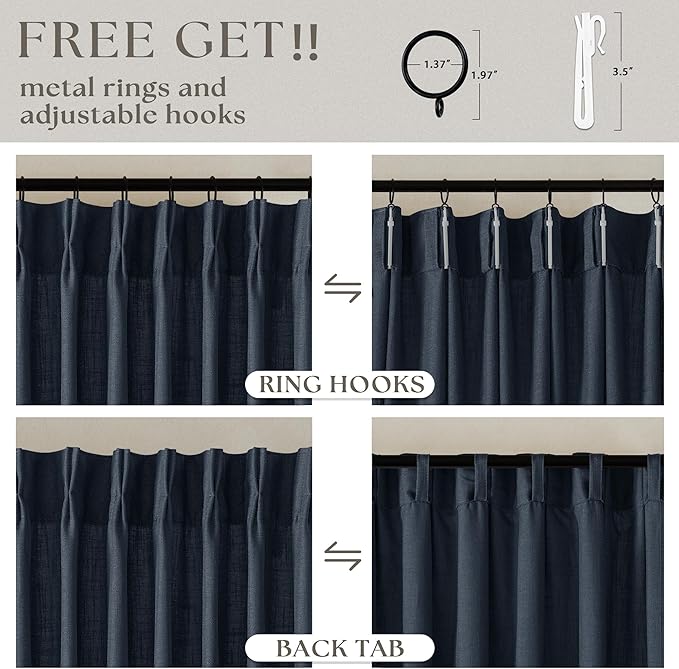Navy Linen Pinch Pleated Curtains 108 Inches Long 2 Panels for Living Room Bedroom Light Filtering Drapes 108 Inch Length Dark Blue Indigo Semi Sheer Memory Shape Trained Ceiling Floor Curtain