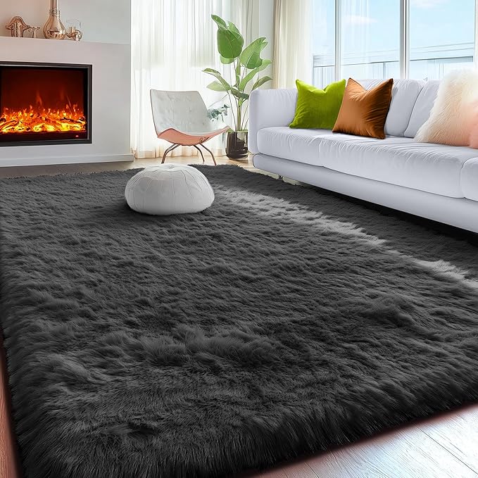 PAGISOFE 6x9 Fluffy Bedroom Rugs Black Modern Living Room Machine Washable Area Rug Fuzzy Shaggy Carpet Indoor Plush Nursery Rugs for Kids Room Furry Floor Rug for Boys Carpet for Teen Dorm Room Decor
