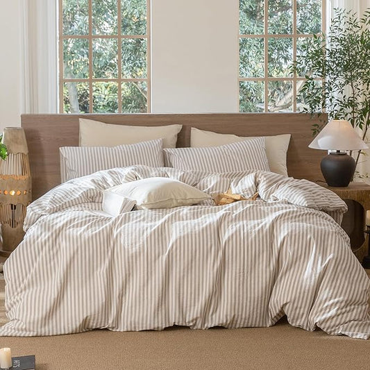 MooMee Striped Duvet Cover Set 100% Washed Cotton Linen Like Textured Breathable Durable Soft Comfy (Tannish Linen Grey White Classic Stripes, Oversized Queen 98"x98")