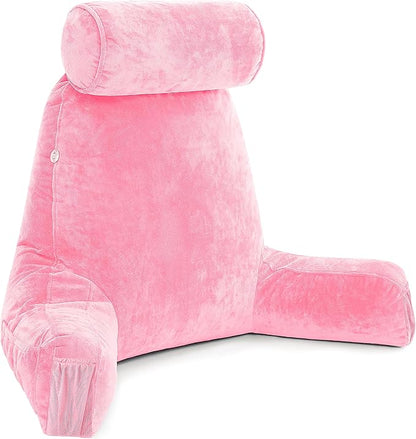 Husband Pillow Medium Pink, Backrest for Kids, Teens, Petite Adults - Reading Pillows with Arms, Adjustable Loft, Plush Memory Foam, Bed Rest Chair for Sitting Up, Detach Neck Roll, Removable Cover