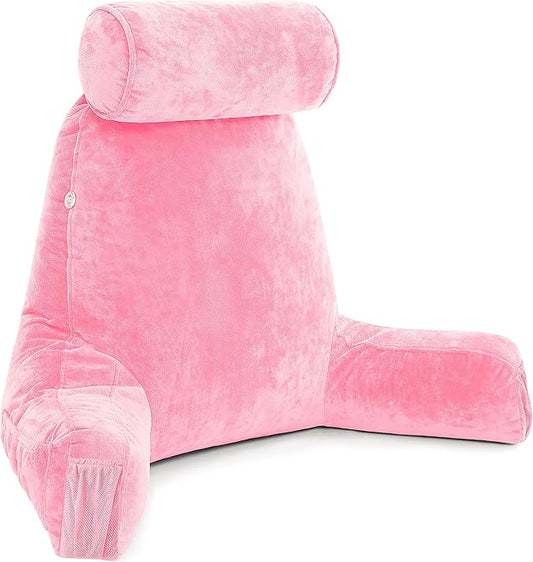 Husband Pillow Medium Pink, Backrest for Kids, Teens, Petite Adults - Reading Pillows with Arms, Adjustable Loft, Plush Memory Foam, Bed Rest Chair for Sitting Up, Detach Neck Roll, Removable Cover