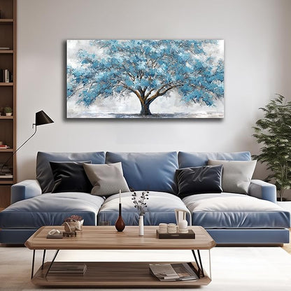JuhaiArt Teal Wall Decor Tree Wall Art for Living Room Bedroom Home Office White Canvas Picture 24" x 48" modern Prints Art