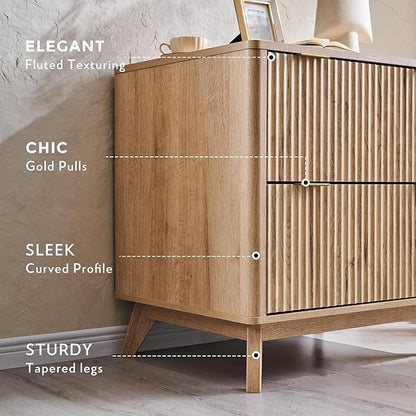 T4TREAM Modern Fluted Wood Night Stand, 30" Tall Bedside Table with 2 Drawers & Large Tabletop, Side Tables Bedroom, End Table for Living Room, Natural Oak