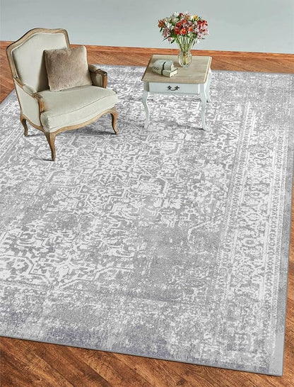 vivorug 9x12 Neutral Area Rugs, Stain Resistant Washable Rug for Living Room, Vintage-Inspired (Ivory/Silver, 9'x12')