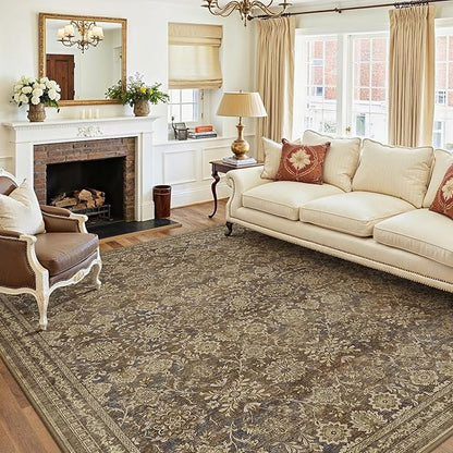 8x10 Vintage Area Rug Brown Washable Living Room Large Non Slip Carpet Bedroom Indoor Office Low Pile Traditional Distressed Retro Floral Accent Rug for Dining Room
