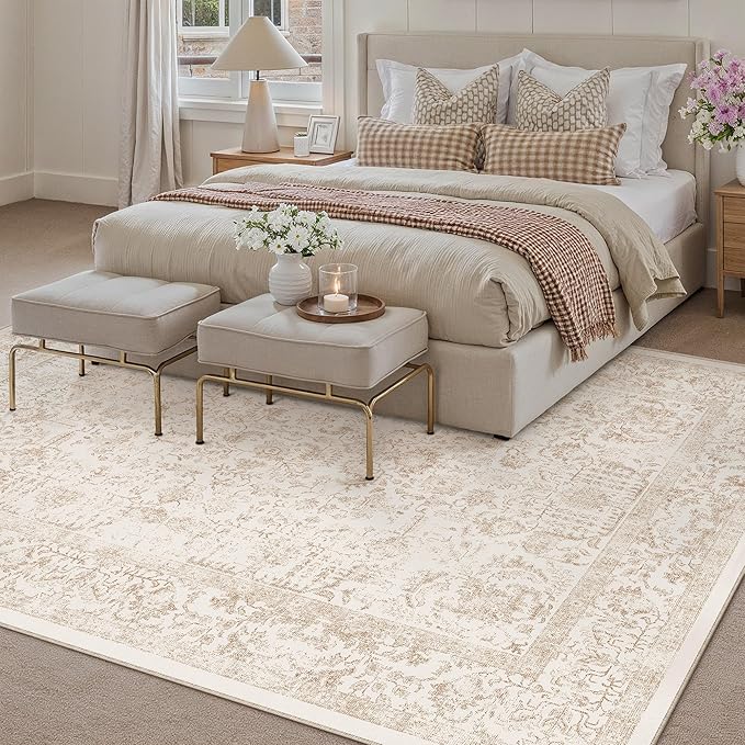 Beige Area Rug 5x7 Machine Washable Vintage Living Room Distressed Non Slip Carpet Traditional Indoor Bedroom Retro Floral Accent Throw Large Rug for Office Kitchen Bathroom Dining Room