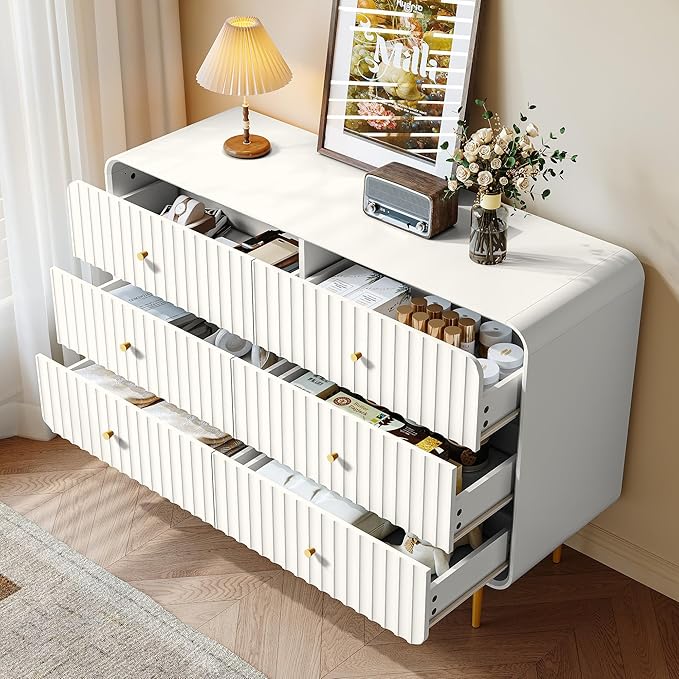 HLR Fluted 6 Drawers Dresser, 48'' Wide Modern Chest of Drawers with Gold Metal Handles,Dresser TV Stand, Wood Dressers & Chest of Drawers for Bedroom, Living Room, Hallway (White)