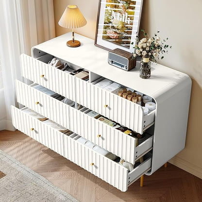 HLR Fluted 6 Drawers Dresser, 48'' Wide Modern Chest of Drawers with Gold Metal Handles,Dresser TV Stand for 2 Piece, Wood Dressers & Chest of Drawers for Bedroom, Living Room, Hallway (White)