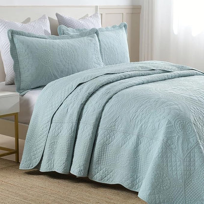 MarCielo 100% Cotton Quilt Set - 3-Piece Embroidered Farmhouse Bedspread & Shams, All-Season Breathable Bedding (Tf Aruba Blue, King)