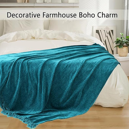 Chenille Throw Blanket for Couch 60"X 80" Twin, Soft Cozy Throws with Fringe Tassel for Bed Sofa Chair Cover, Lightweight Knitted Decorative Boho Blankets for Living Room, Teal