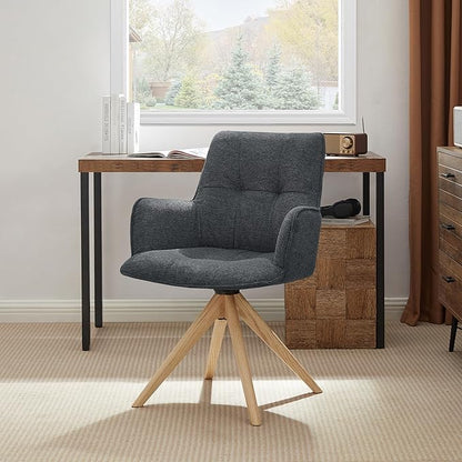 Art Leon Swivel Office Chair - Mid Century Modern Desk Chair No Wheels, Fabric Upholstered Accent Chair with Oak Wood Legs for Small Space Living Room Bedroom, Set of 2, Dark Gray
