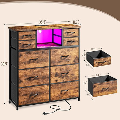 Dresser for Bedroom with 10 Drawers Featuring LED Light and Power Outlet, Fabric Dressers & Chest of Drawers with Open Shelves for Hallway, Living Room, Steel Frame,Wood Top, Rustic Brown