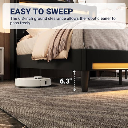 Allewie Upholstered Full Size Platform Bed Frame with LED Light and Charging Station, Button Tufted High Headboard, Wingback Design, Noise Free, Easy Assembly, No Box Spring Needed, Black