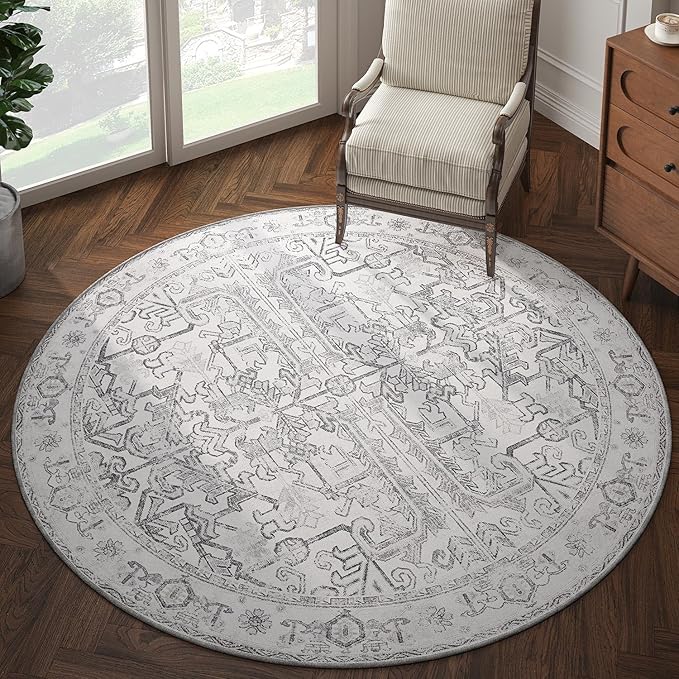 jinchan Lima Round Rug 5ft Vintage Machine Washable Area Rug Indoor Circle 5' Ultra-Thin Non-Slip Floral Print Carpet for Farmhouse Entryway Dining Room Living Room Bedroom Office (5'Round, Grey)