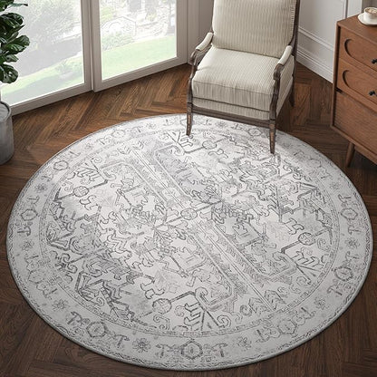 jinchan Lima Round Rug 5ft Vintage Machine Washable Area Rug Indoor Circle 5' Ultra-Thin Non-Slip Floral Print Carpet for Farmhouse Entryway Dining Room Living Room Bedroom Office (5'Round, Grey)