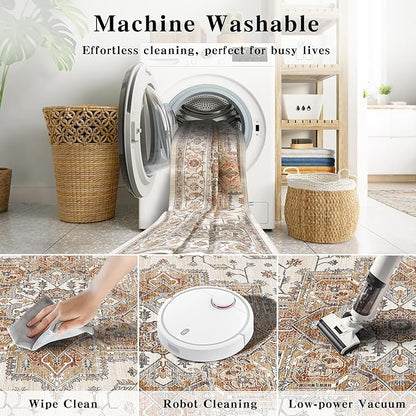 2x6 Vintage Runner Rug Low Pile Runners Non-Slip Machine Washable Rug Retro Distressed Print Lightweight Carpet for Hallway Kitchen Living Room Bedroom Laundry Room