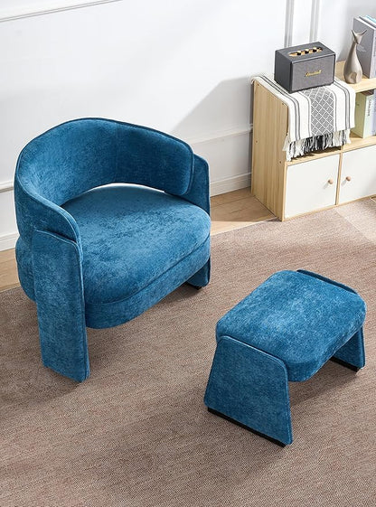 LOULENS Accent Chair with Ottoman, Oversized Barrel Chair, Modern Upholstered Comfy Armchair for Living Room, Bedroom, Reading Room & Corner, Blue