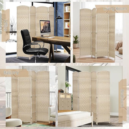 HOMCOM 4 Panel Room Divider, 6' Tall Folding Privacy Screen, Hand-Woven Freestanding Wall Partition for Home Office, Bedroom, Washed Oak