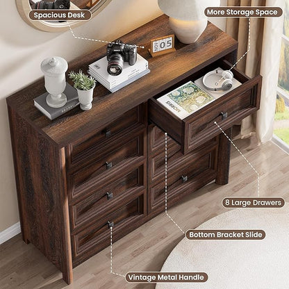 Farmhouse 8 Drawer Dresser for Bedroom, 41" Tall Wood Chest of Drawers, 43.3" Wide Dresser TV Stand, Storage Closet Drawer Organizer for Bedroom, Walnut