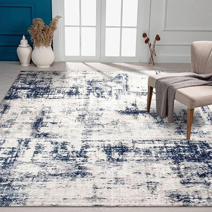 3x5 Rug, Small Area Rug for Living Room, Bedroom, Kitchen, Machine Washable Non-Slip Throw Rug, Modern Abstract Carpet for Entryway Nursery Coffee Table, Ivory Navy