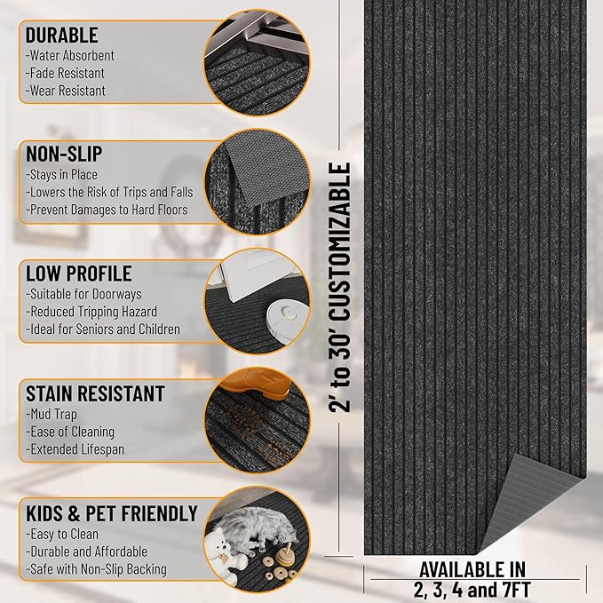 Ottomanson 2'7" x 46' Hallway Runner with Scraper Pile - Extra Durable Non-Slip Rug Mat for Indoor & Outdoor Use - Ideal for Kitchen, Entryway & Garage - High-Traffic Carpet, Black
