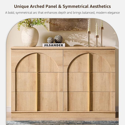 ACCOHOHO Arched Dresser for Bedroom with 6 Drawers, 47.3" Wide Modern Chest of Drawers with Rounded Edge & Metal Handles, Wood Storage Closet Dressers TV Stand for Living Room, Hallway, Natural Oak