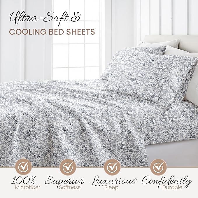 Linen Market Double-Brushed Patterned Microfiber Full Sheet Set 4 Piece – Oeko-TEX Certified Ultra Soft & Wrinkle-Free - 16" Deep Pocket Sheets - Easy Care Full Size - Coarse Paisley Navy