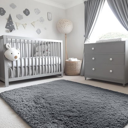 OLANLY 3x5 Machine Washable Small Bedside Rug, Soft Fluffy Shaggy Rugs for Living Room, Bedroom, Indoor Floor Carpet for Kids Girls and Boys, Preppy Dorms, Nursery, Home Decor Aesthetic, Grey
