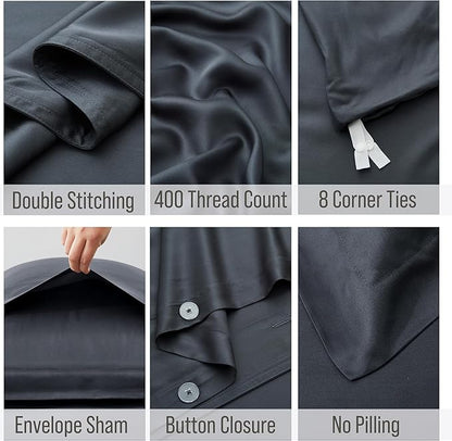 Bella Coterie Luxury Bamboo Viscose Queen Size Duvet Cover Set | 100% Organically Grown | Corner Ties | Ultra Soft | Cooling | Two Pillow Shams | 90 x 94 | No Insert [Charcoal Grey]