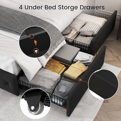LARMACE Queen Size Bed Frame with 4 Storage Drawers and Wingback Headboard Upholstered Platform Beds Velvet Tufted Bed Frame with Wooden Slats Support, Easy Assembly, Black