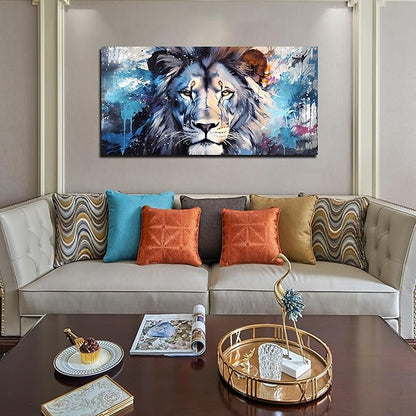 ENTANUB Lion Canvas Wall Art for Living Room, Blue Print Painting for Bedroom, Animal Picture Decor, Large Size 48x24 Inches