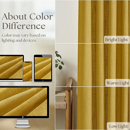 Farmhouse Mustard Yellow Linen Curtains 102 Inches Long for Living Room Pinch Pleated Drape with Hooks Rings for Track System Light Filtering 102 Inch Curtain for Bedroom Sliding Patio Door 2 Panels