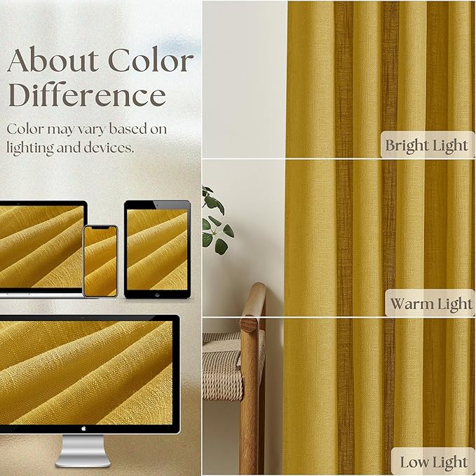 Extra Long Mustard Yellow Linen Curtains 120 Inches Long Gold Yellow Funky Farmhouse Rustic Curtain Light Filtering Semi Sheer Back Tab Pinch Pleat Curtain for Tall Ceiling Living Room 2 Panels