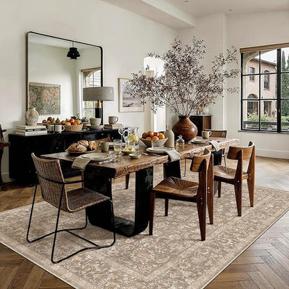 5x7 Deep Brown Area Rug Non Slip Vintage Living Room Distressed Machine Washable Carpet Traditional Indoor Bedroom Deep Brown Retro Floral Accent Throw Rug for Office Kitchen Dorm Dining Room