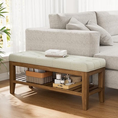 End of Bed Storage Bench, 42.9" Entryway Shoe Bench with Solid Wood Shelf, Upholstered Ottoman with Padded Seat for Bedroom, Hallway and Living Room, Beige