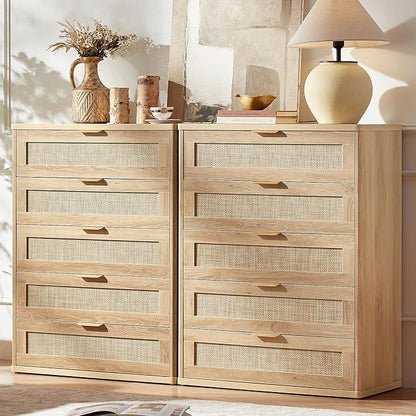 LEYAOYAO Rattan Dresser for Bedroom, 41" Tall Chest of Drawers, Modern 5 Drawers Boho Dressers with Storage, Light Oak Dresser Wooden Closet Organizer for Living Room, Hallway, Natural Wood