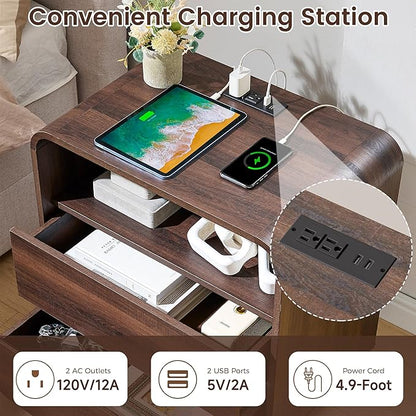 Curved Nightstand Set of 2 with Charging Station, 23.2" Wide Wood Bedside Table 2 Storage Drawers, Modern Side Table Handleless End Table, Walnut Night Stand for Bedroom, Office