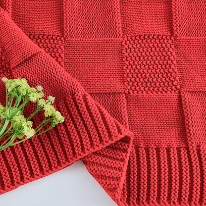 CozeCube Check Knit Throw Blanket, Christmas Red Checkered Bedroom Blanket for Couch, Soft Cozy Warm Knitted Blanket for Bed Sofa Living Room, Decorative Spring Fall Throw Blanket, 50"X60"