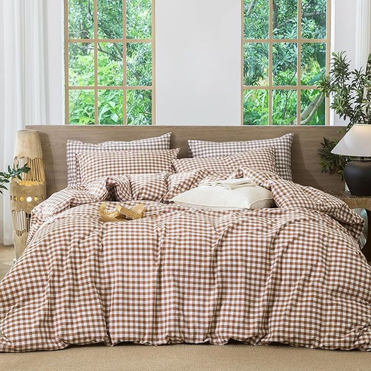 MooMee Gingham Duvet Cover Set 100% Washed Cotton Linen Like Textured Breathable Durable Soft Comfy Modern Checkered Design (Dark Orange Gingham, Super King 108"x98")