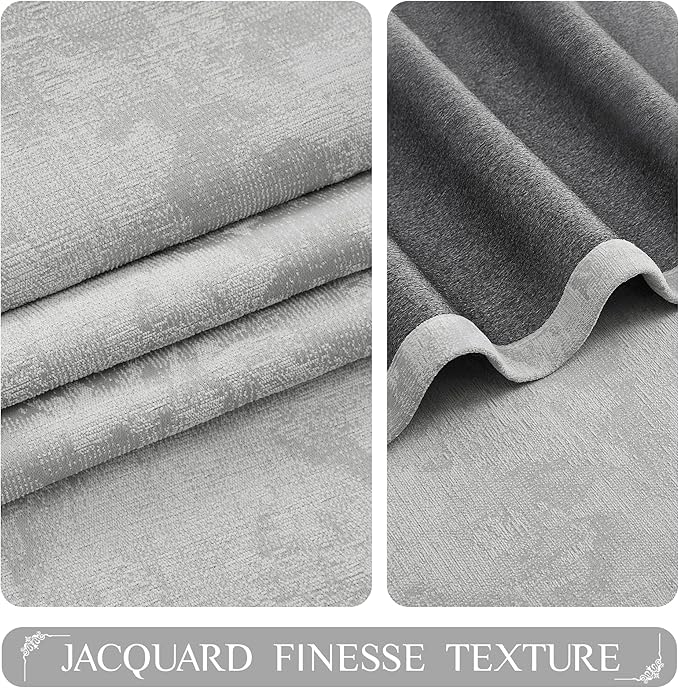 Beauoop Grey Floral Jacquard Blackout Curtains 120 Inches Long 2 Panels for Bedroom Living Room Gray Flower Chenille Room Darkening Thermal Soundproof Grommet Window Treatments Drapes, 52x120