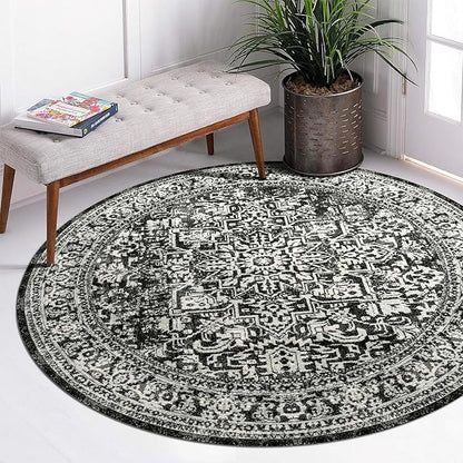 vivorug Round Rug 5ft Vintage-Inspired Round Area Rug Non-Slip Indoor Carpet for Living Room Bedroom Entryway, Stain Resistant Home Decor Circle Rug, Black and White
