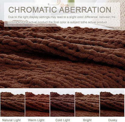 Chunky Knit Throw Blanket 50"X 60", 100% Handmade with Soft Chenille Yarn, 4.4lbs Thick Cable Knitted Blankets, Large Rope Knot Crochet Throws for Couch Sofa Bed Home Decor, Dark Brown