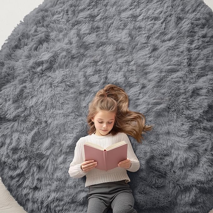 OLANLY Light Grey Round Rugs for Bedroom - Machine Washable, 7 ft Circle Area Rugs for Living Room, Soft and Fluffy Shaggy Carpet for Teen Girls and Boys, Nursery Rooms, Dorms, Home Decor Aesthetic