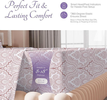 Carressa Linen 100% Egyptian Cotton Printed Bed Sheets - 600 Thread Count 4 PC Full Sheet Set, Hotel Luxury Sateen Bedsheets, 16" Deep Pocket Extra Soft Cooling Sheets for Full Size Bed - Paisley